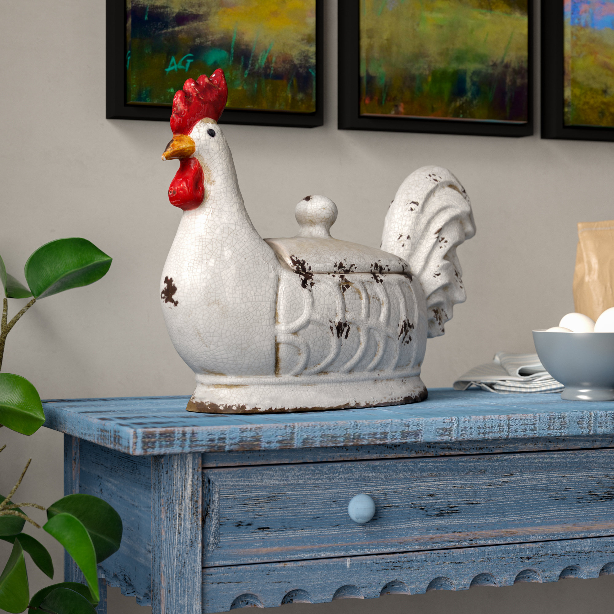 Gracie Oaks Decorative Stoneware Rooster Container with Lid and Distressed Finish & Reviews | Wayfair