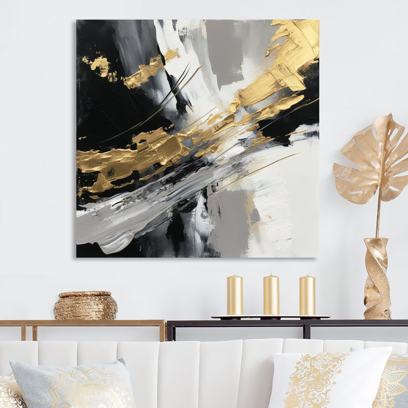 Golden River Wildness, abstrait or et noir - peinture abstraite, art mural, 36" H x 36" W, Toile tendue