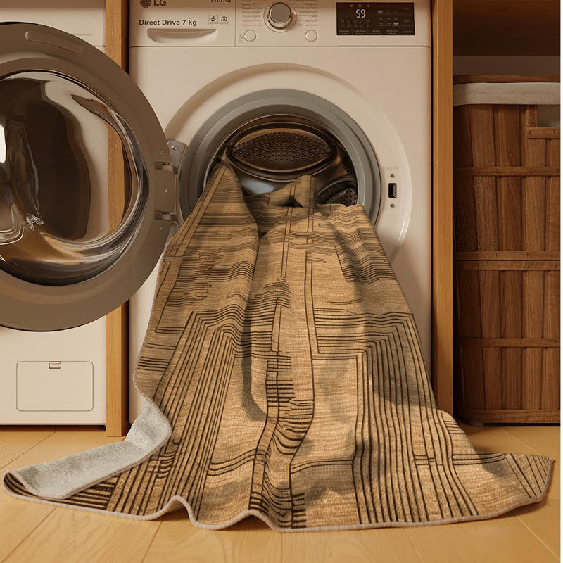 Machine Washable Art Deco Brown Area Rug, Round 5'