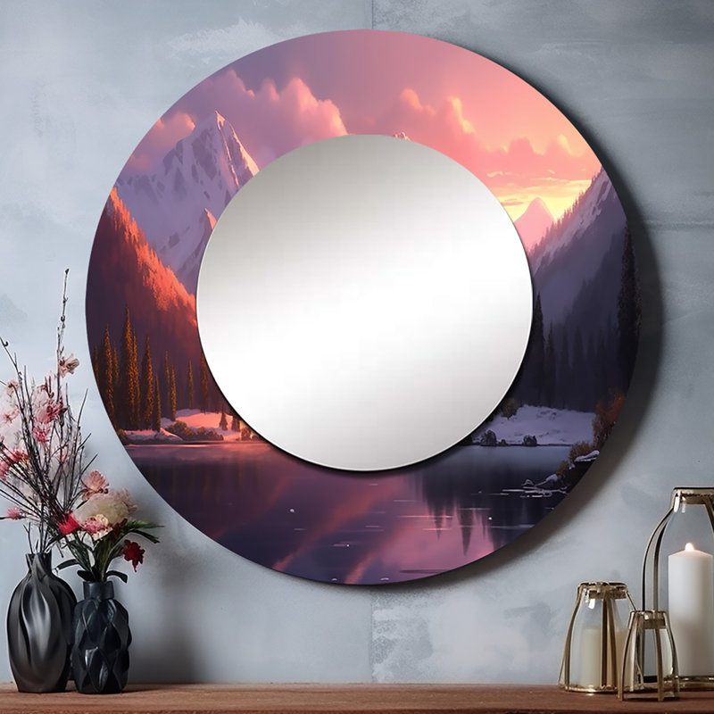 Portuna Lake and Mountain Peaks - miroir mural mauve, miroir décoratif rond traditionnel, impression d'art en métal