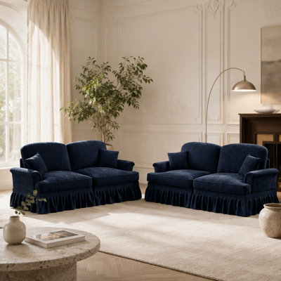 Classic 2 Piece Modular Couch Set with Removable Ruffles, Flared Arms, and Spindle Legs for Elegant Living Room Decor