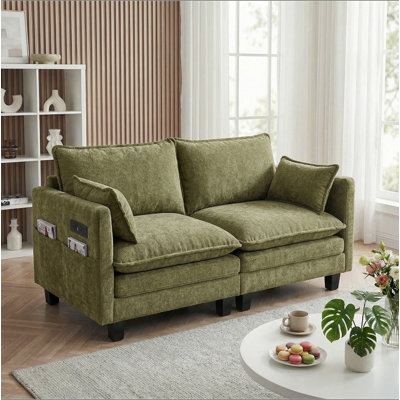 Canapé moderne en chenille, canapé compact à 2 places avec deux ports de chargement USB et poches latérales, petit canapé pour chambre, bureau et appartement.
