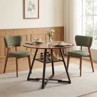 Industrial Round 42in Rust Brown Dining Table & 2-piece Green Upholstered Solid Wood Dining Chair, Fixed Kitchen Table With Mesh Storage Shelf And Cro