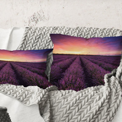 Square,Sunrise & Dramatic Clouds Over Lavender Field XIII - Farmhouse Printed Throw Pillow
