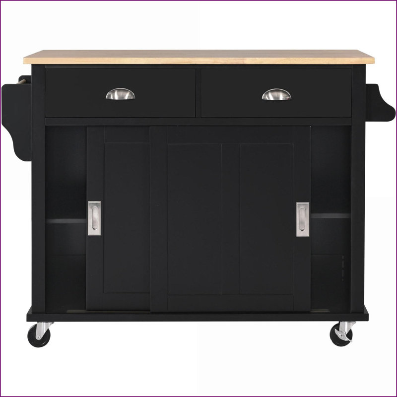 Chariot pour îlot de cuisine avec abattant en bois d'hévéa, porte de grange coulissante et amp; Rangement | Noir | Panneau de fibres à densité moyenne