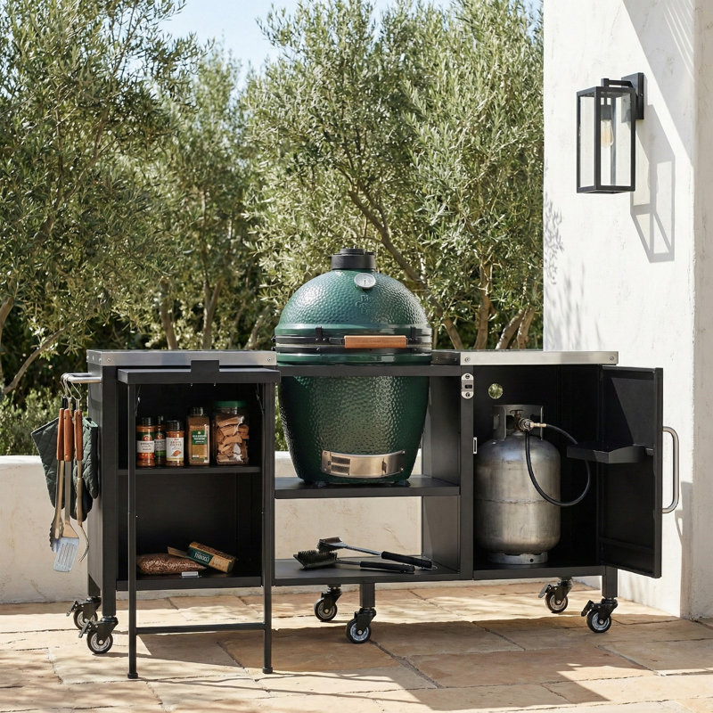 Grande table de barbecue 72,4 po en métal pour grand gros œuf vert avec table de préparation pliable, tablettes réglables, étagère à épices