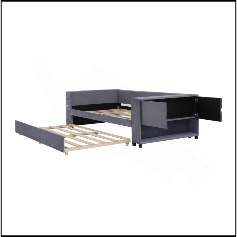 Lit simple tapissier avec rangement et lit gigogne simple, ports de chargement USB, velours français