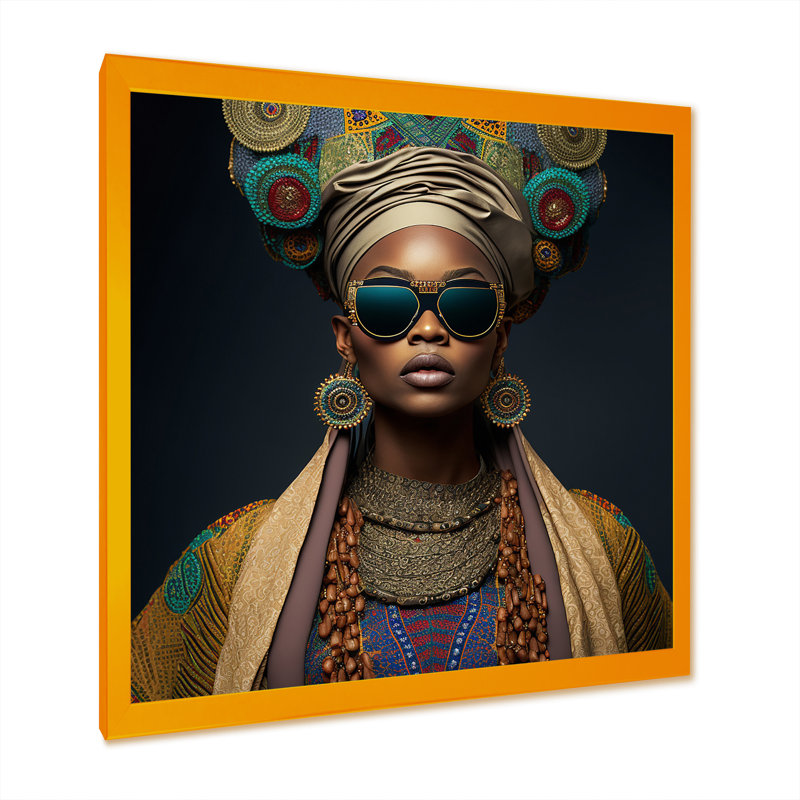 Princesse africaine avec bijoux en or - reproduction sur toile, L 30 po x H 30 po, Impression dorée sur toile encadrée
