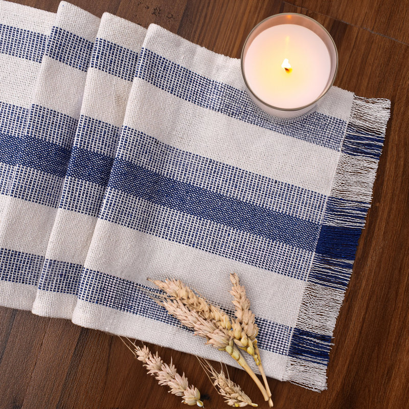 Navaneeth Rectangle Striped Cotton Table Runner, Blue