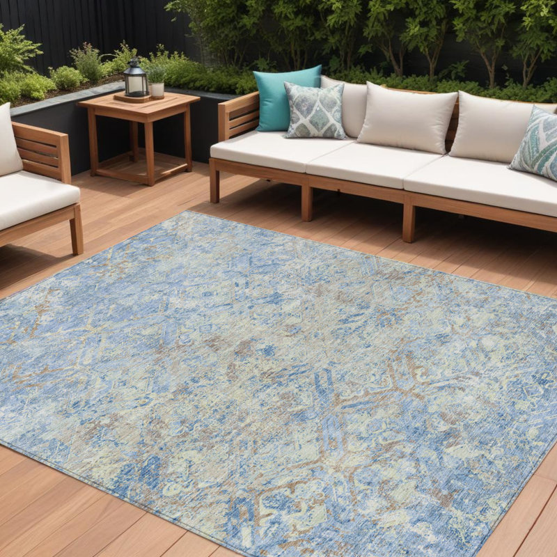 HomeRoots 8' X 10' Sky Blue And Denim Blue Geometric Washable Indoor Outdoor Area Rug