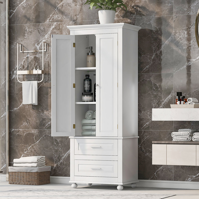 White Tall Storage Cabinet With Two Drawers For Bathroom Or Office | Gift Idea