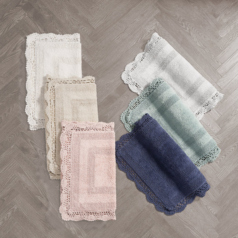 Laura Ashley Crochet Cotton 2 Pieces Bath Rugs, Light Gray