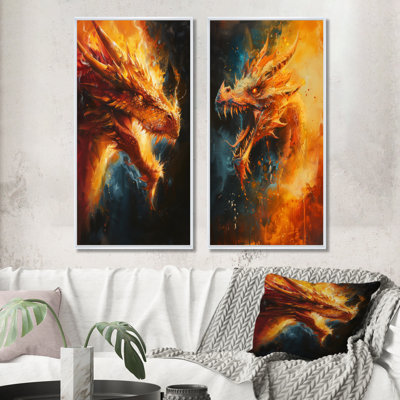 Orange Yellow Fiery Blaze Dragon I - Dragons Wall Art 2 Pieces Set