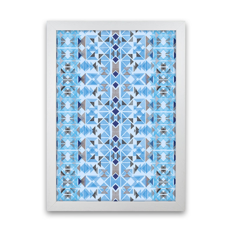 Boho Nomadic Tribal Blue - Print, 88cm H x 64cm W x 3cm D, White Framed
