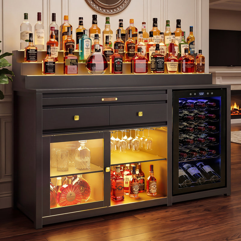 Meuble-bar de 153 cm (60,2 pouces) avec compartiment réfrigérateur, présentoir à 3 niveaux, noir