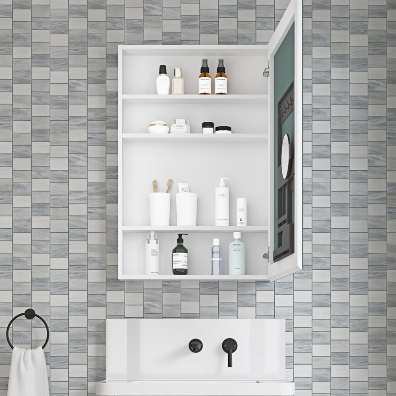 Armoire de salle de bain 24 po x 36 po, bords de miroir biseautés, porte ouverte à droite, rangement spacieux, bois d'ingénierie, reflet transparent, porte de rangement blanche, espace, bois