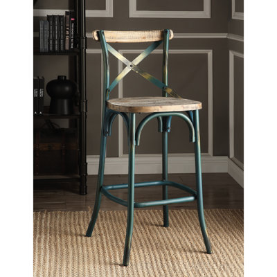 Antique Turquoise & Oak Bar Stool With Cross Back - Excellent Comfort High , Four-Legged Base Footrest, Classic Style For Dining Room Vintage-Style In And Total Relaxation, Strong Inviting Wooden Seat