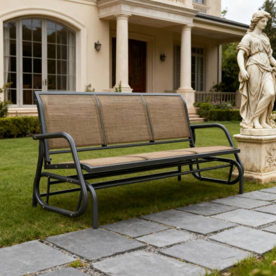 Outdoor Glider Bench, 3 - Seater, Breathable Mesh, Steel Frame, 55.1" , Mixed Brown Patio Bench With Seats, Metal 57.9"x27.6", Max Load 660 Lbs