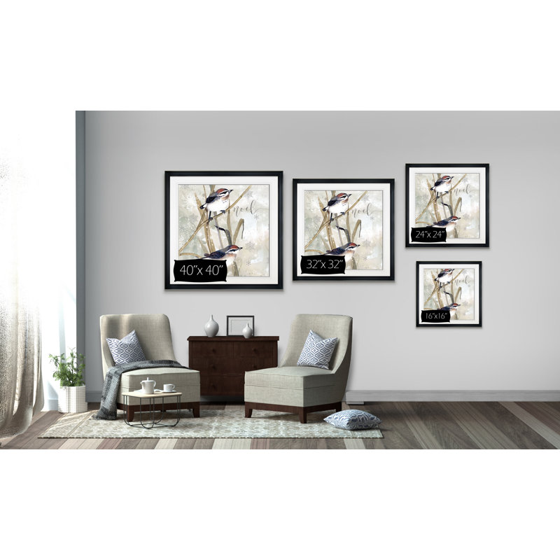 « winter oiseaux noel », peinture, H 16 po x l 16 po x P 1,5 po, Cadre noir