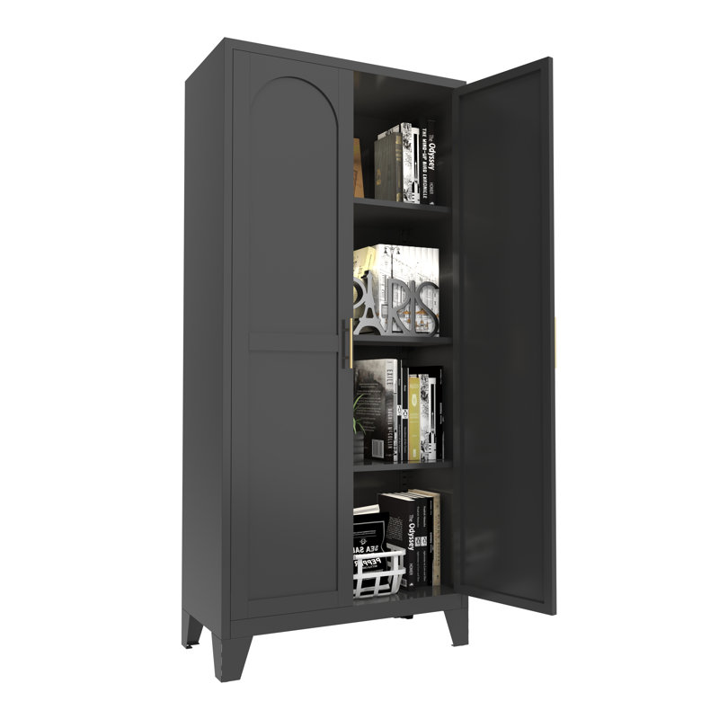 Armoire de rangement en acier noir de 155 cm (61 po) avec étagères réglables et portes doubles cintrées pour garage, buanderie ou salle à manger