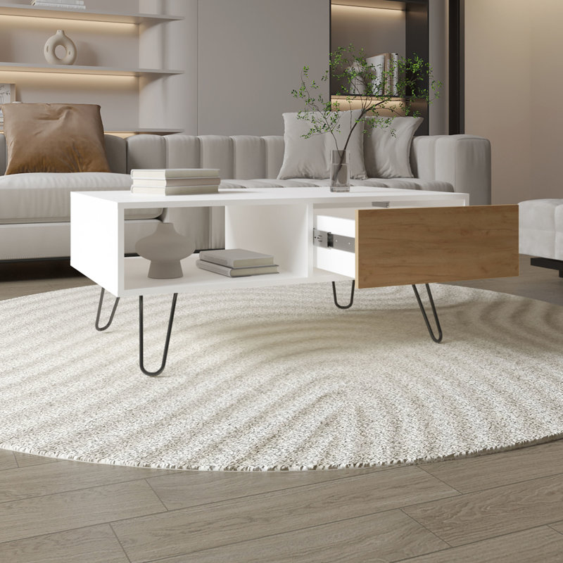 Table basse en chêne blanc et naturel avec 1 tiroir et pieds en épingle à cheveux