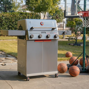 Barbecue au propane à 4 brûleurs de 49 000 BTU de Monument Grills, barbecue en acier inoxydable avec zone de gril, grilles en fonte, brûleur latéral, tablettes pliantes, support rabattable, nettoyage facile et roulettes pivotantes avec verrous, Mesa I