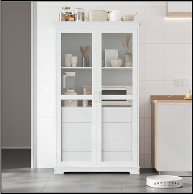 Freestanding Kitchen Storage Cabinet with Glass Doors and 4 Drawers, Perfect for Organized Display and Versatile Use in Any Room