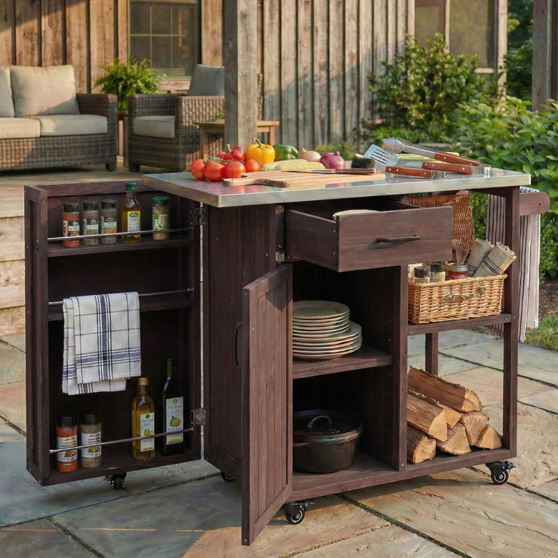 Îlot de chariot de bar extérieur avec plateau en acier inoxydable, Argent, Marron foncé