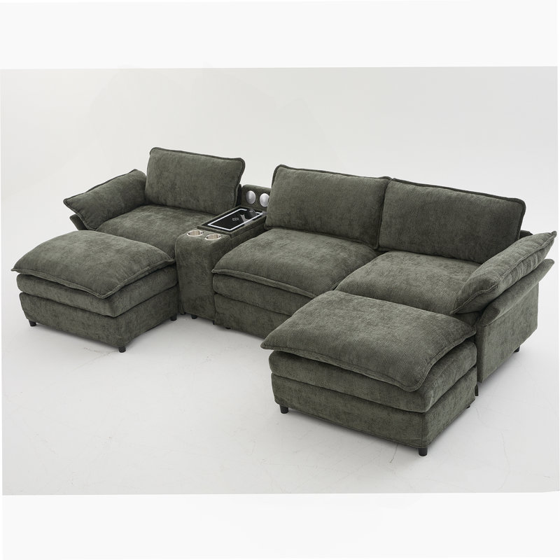 U Shaped Modular Sectional Sofa With Storage, Wireless Charging, Bluetooth Speakers, And Movable Footstools For Ultimate Comfort And Entertainment