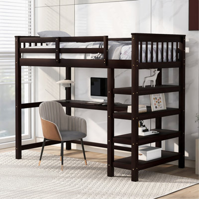 Lit mezzanine simple avec tablettes de rangement et bureau sous le lit, espresso