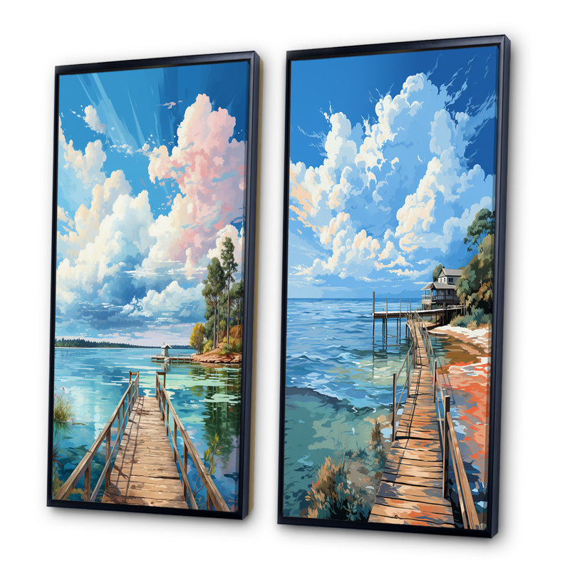 «Pier And Dock Seaside», 2 pièces, Cadre noir, H 32 po x l 32 po