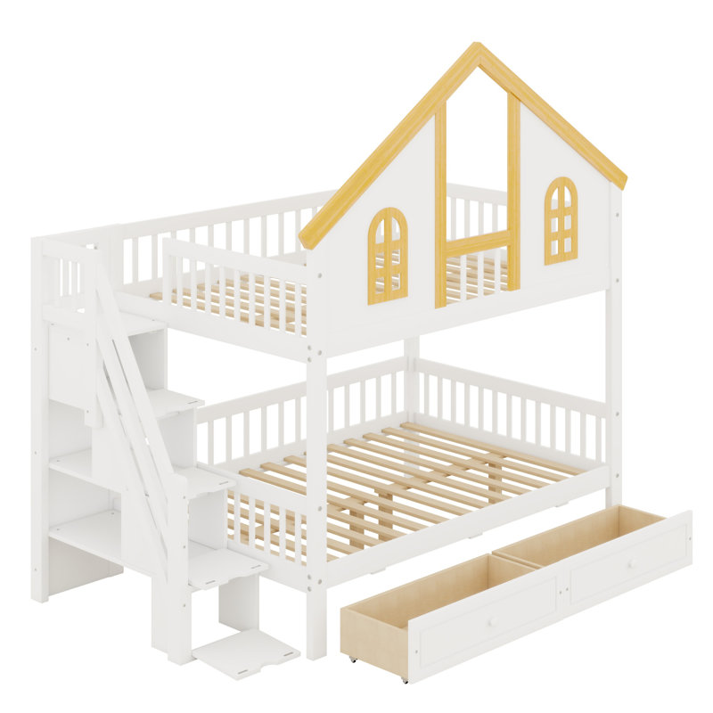 Lit superposé sur le toit avec fenêtre House, tiroirs de rangement pour enfants et adolescents