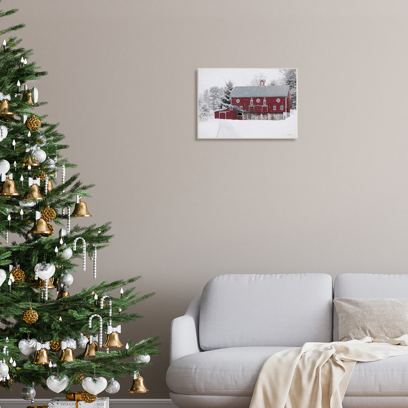 «Snowlanded Farmland Red Barn Snowflakes Falling Black», estampe numérique encadrée, art texturé par Lori Deiter