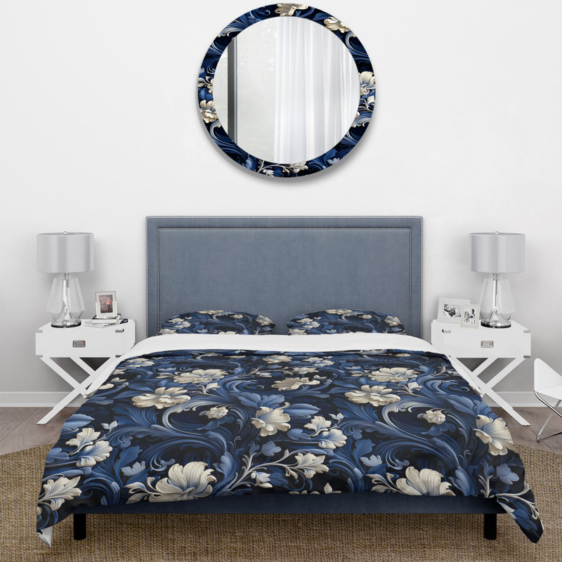 Literie majestueuse à volutes de cobalt majestueux, Housse de couette pour très grand lit et 2 très