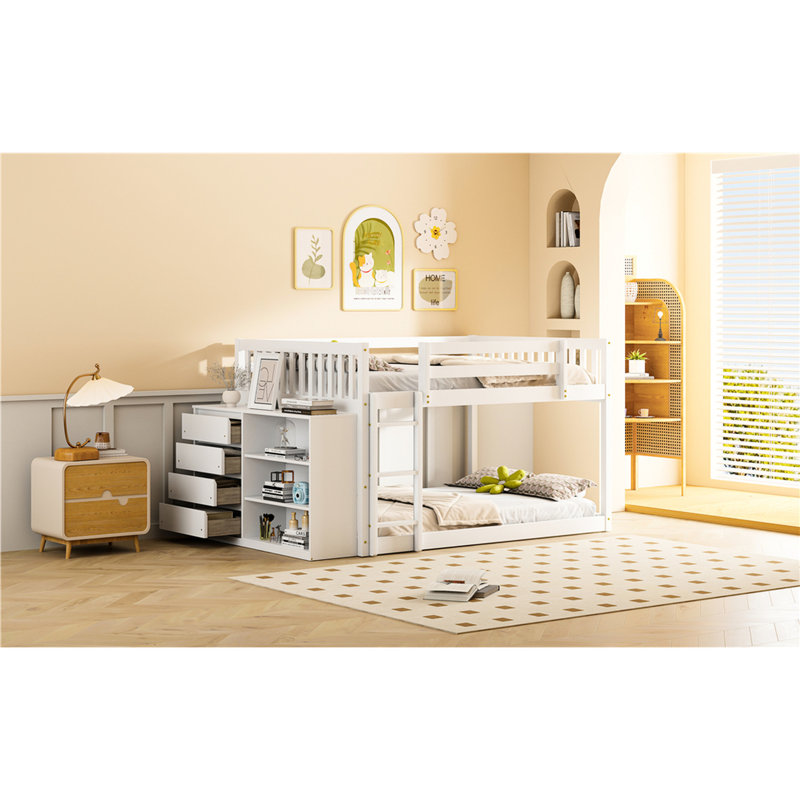 Lit superposé double blanc avec structure en pin massif et nombreuses options de rangement 4 3 tablettes en bois blanc pour rehausser la chambre à coucher