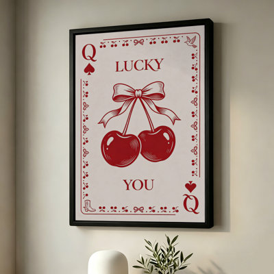 «Queen of Spades Card» avec cerises et nœuds, art mural encadré sur toile, cadre noir, 24 x 36 po
