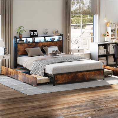 Bed Frame With 2-Tier Storage Headboard, Metal Platform Bed Frame With 4 Storage Drawers, Built In Charging Station And LED, Metal Support/No Box Spring Needed, Vintage Brown