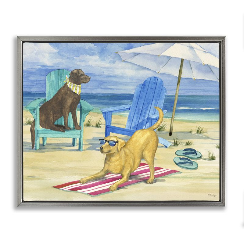 «Dogs on Beach» par Paul Brent, Cadre flottant gris lustré, H 17 po x l 21 po