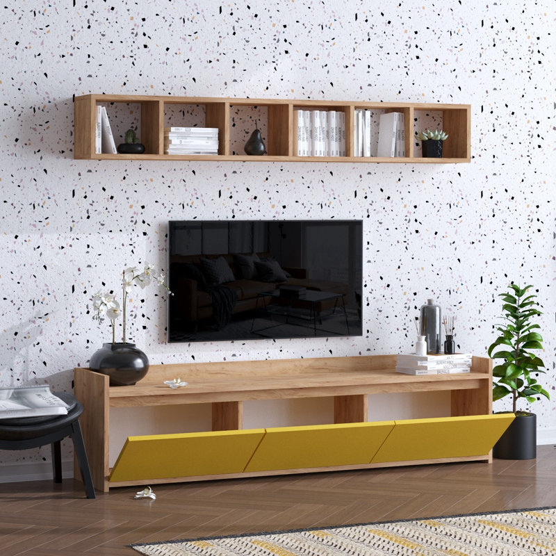 Meuble télé moderne scandinave, chêne et jaune, 59,1 po x 17,7 po x 13,8 po | 100% panneau de particules enduit de mélamine, épaisseur: 0,7 pouce | Conception murale avec de nombreuses tablettes pour un rangement élégant dans le salon