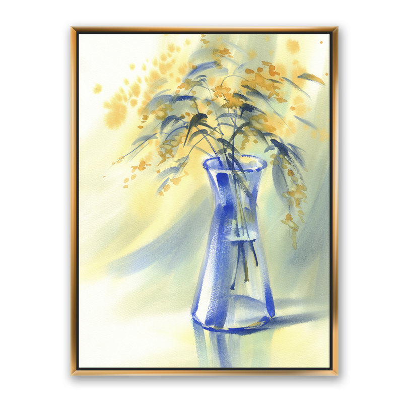 «Summer Flowers in Blue Glass Bottle», reproduction d'art sur toile, H 46 po x l 36 po x P 1,5 po, Toile encadrée d'or