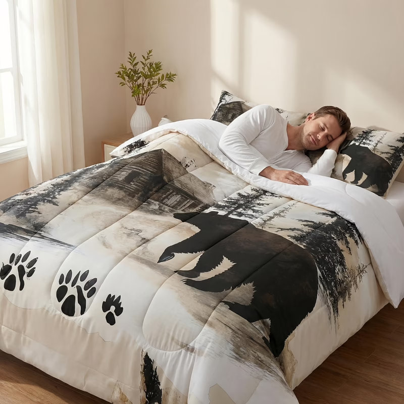 Ensemble d'édredon de style rustique à motif d'ours sauvage, ensemble de literie 3 pièces