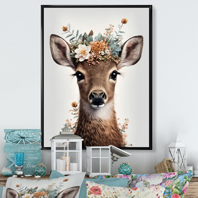 «Cute Baby Deer with Floral Crown II», reproduction de photo sur toile, H 40 po x l 30 po x P 1,5 po
