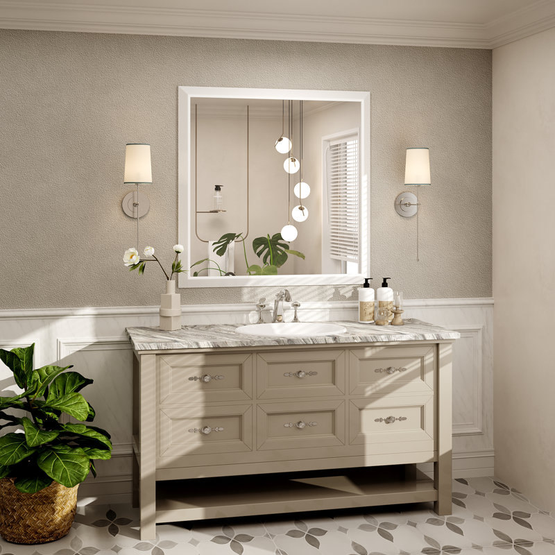 Molly Tempered Glass Metal Beveled Framed Wall Mounted Vanity Rectangular Mirror, 36" x 36", White