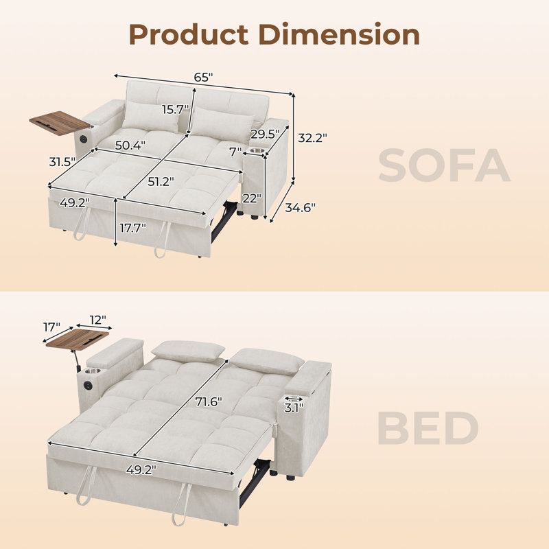 Chenille Convertible Loveseat with Storage Armrest, USB Port & Side Table, Beige Chenille