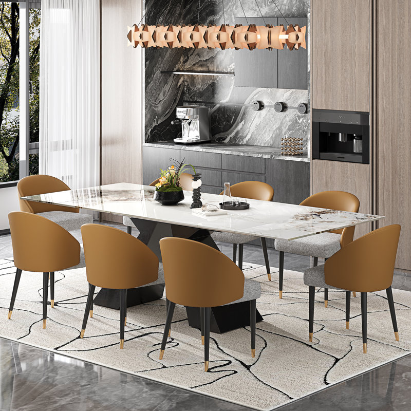 Modern Dining Table Set With 94.5'' Extendable Faux Marble Top And 8 Faux Leather Dining Chairs, Yellow, Chanel