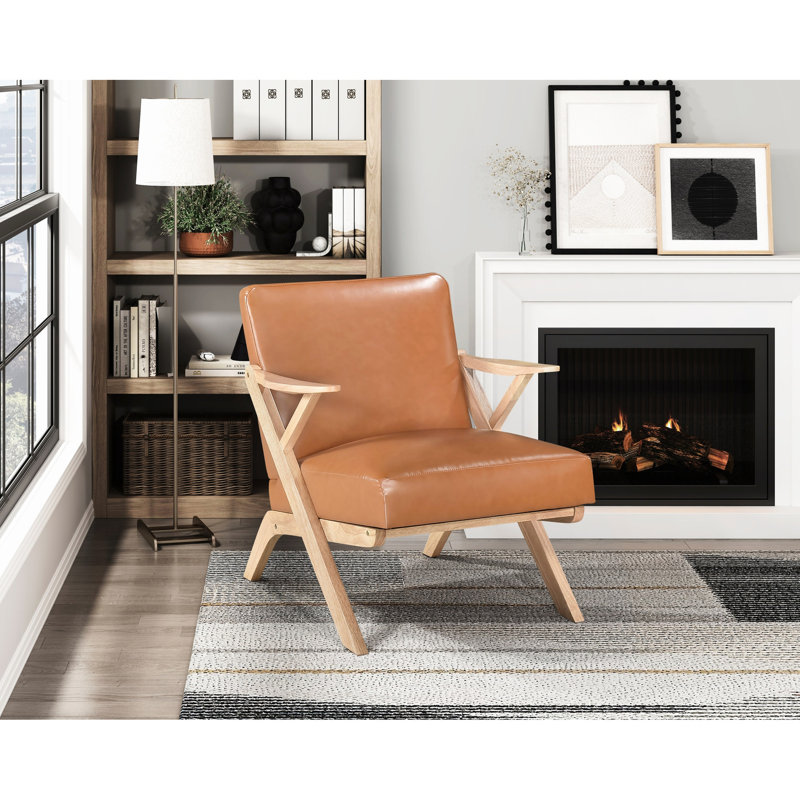 Chaise d'appoint en bois d'hévéa massif avec revêtement en similicuir brun et panneau de fabrication de forme naturelle