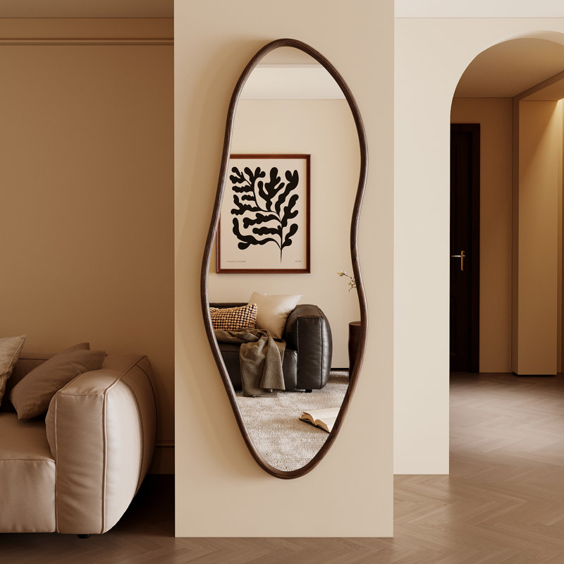  Full Length Mirror, 65"x22" Irregular Full Body Mirror with Solid Wood Frame,,Large Wavy Wall Mirrors for Living Room Entryway Bedroom,Horizontal/Vertical,Walnut
