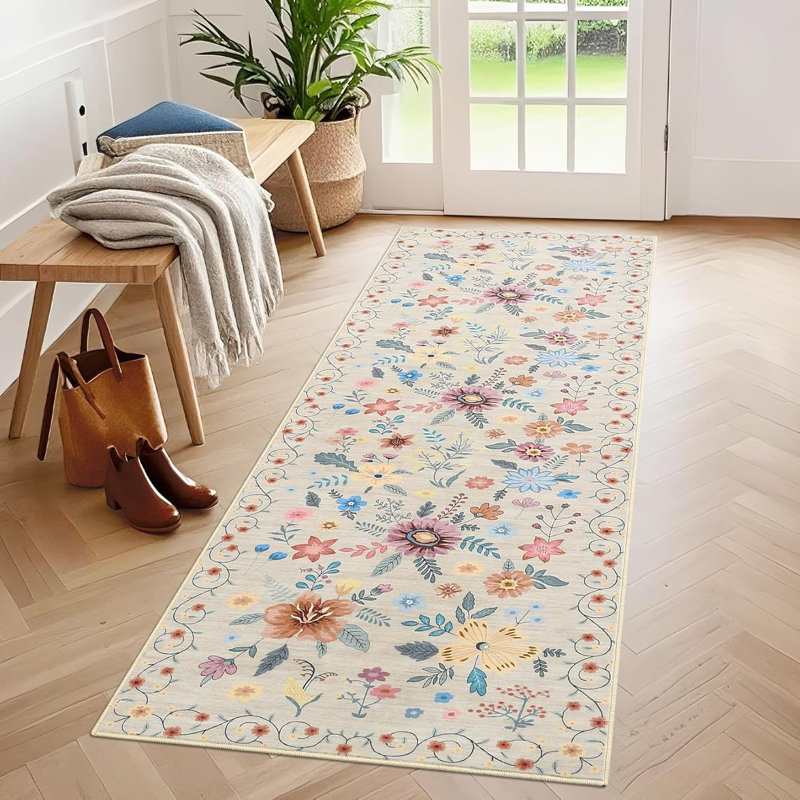Non-Slip Runner Rug, 2x6 Floral Low Pile Kitchen and Hallway Carpet, Ultra-Thin Indoor Floor Mat for Bedroom, Black