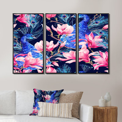Paon et fleurs de magnolia rose I - 3 pièces, reproduction sur toile