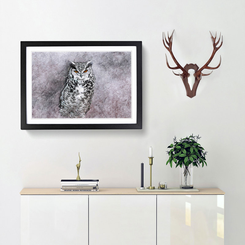 Horned Owl in Pink & Lilac in Abstract - Picture Frame Painting Print, Black Framed, 48cm H x 65cm W x 2cm D